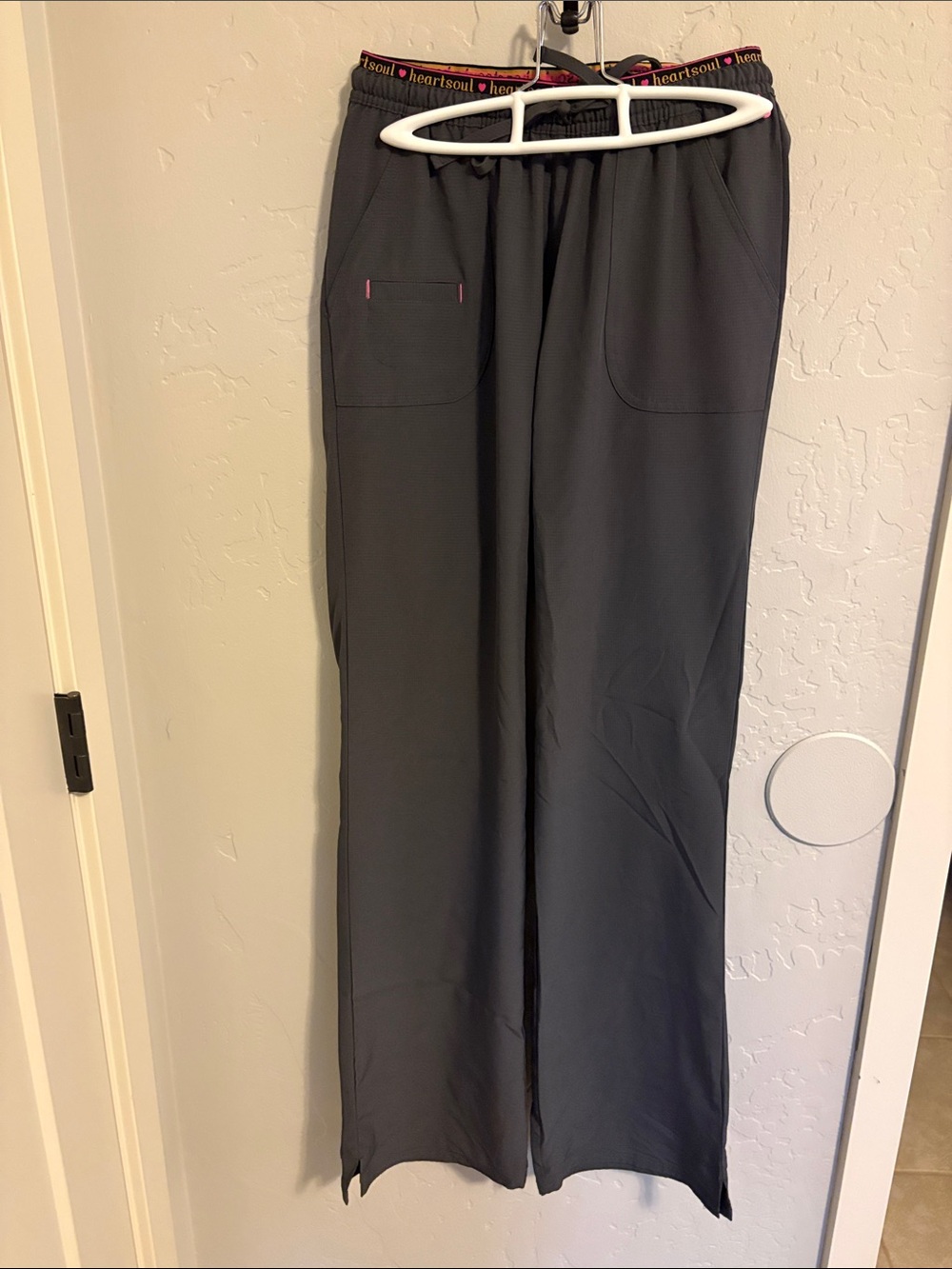 HeartSoul Women’s Wide-Leg Scrub Pants in Dark Gray with Pink Trim